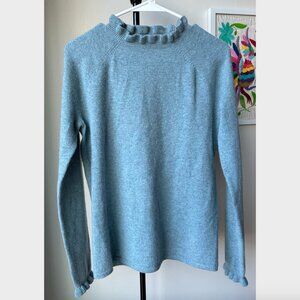 Garnet Hill Blue Cashmere Ruffled-Mock-Neck Sweater - Size S